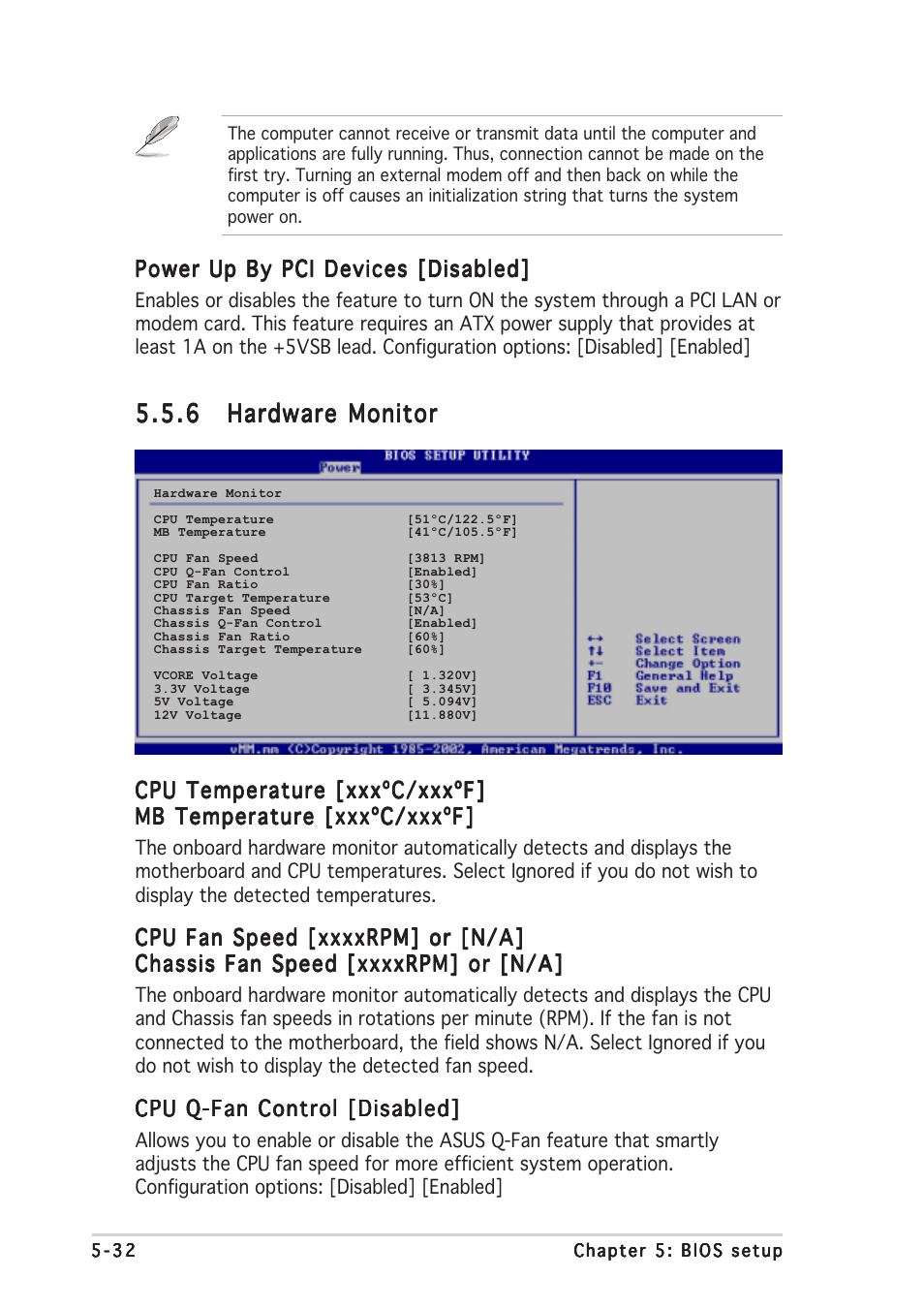 Cpu temperature [xxxºc/xxxºf, Cpu q-fan control [disabled, Power up by pci devices [disabled | Asus Vintage-AH1 User Manual | Page 95 / 103