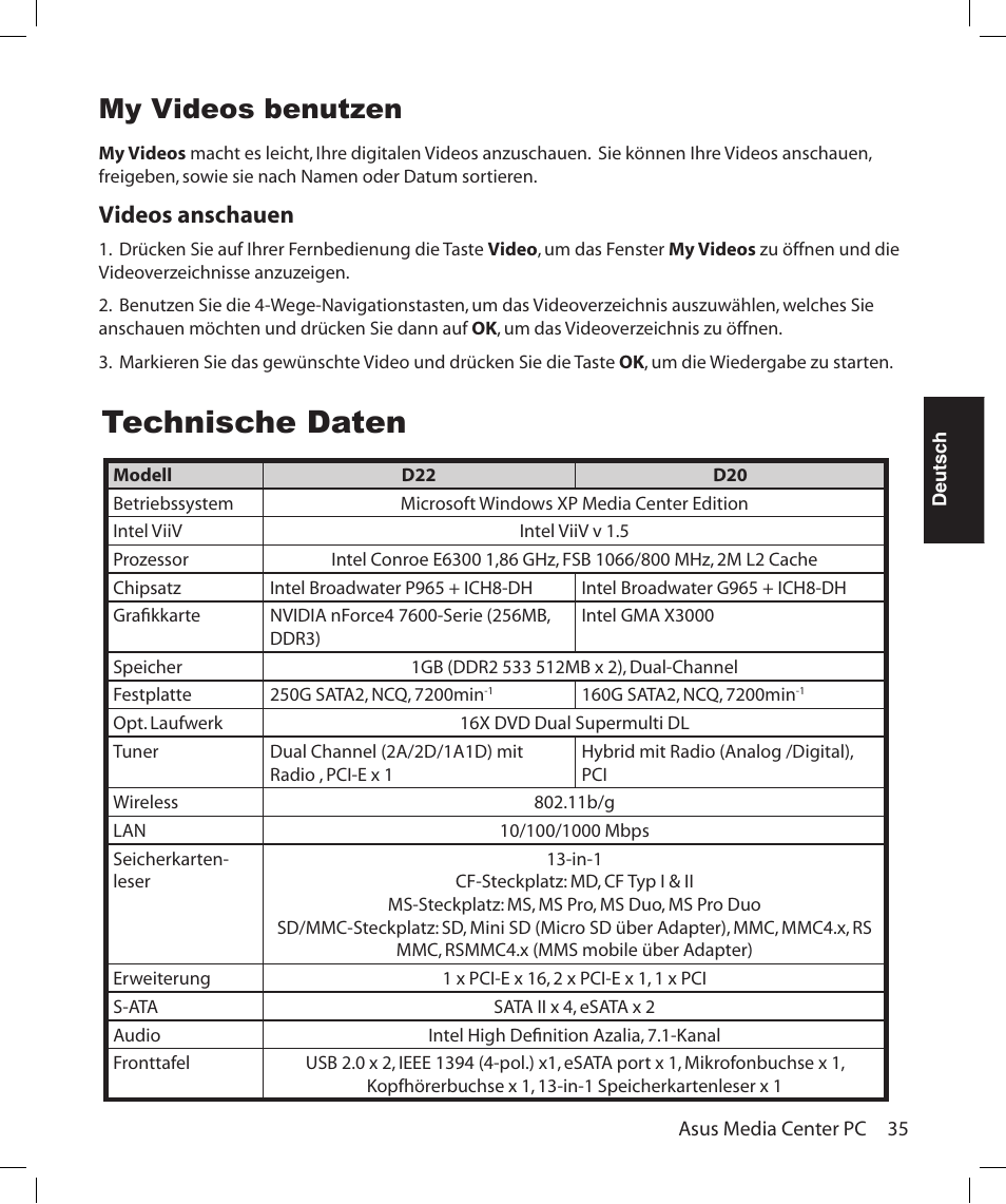 Technische daten, My videos benutzen, Videos anschauen | Asus Asteio D22 User Manual | Page 125 / 252