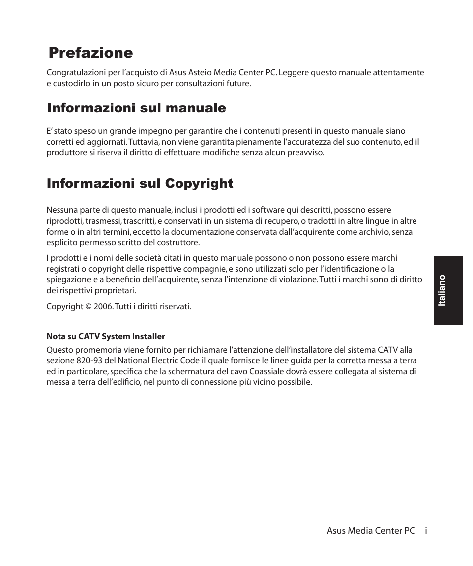 Prefazione, Informazioni sul manuale, Informazioni sul copyright | Asus Asteio D22 User Manual | Page 129 / 252