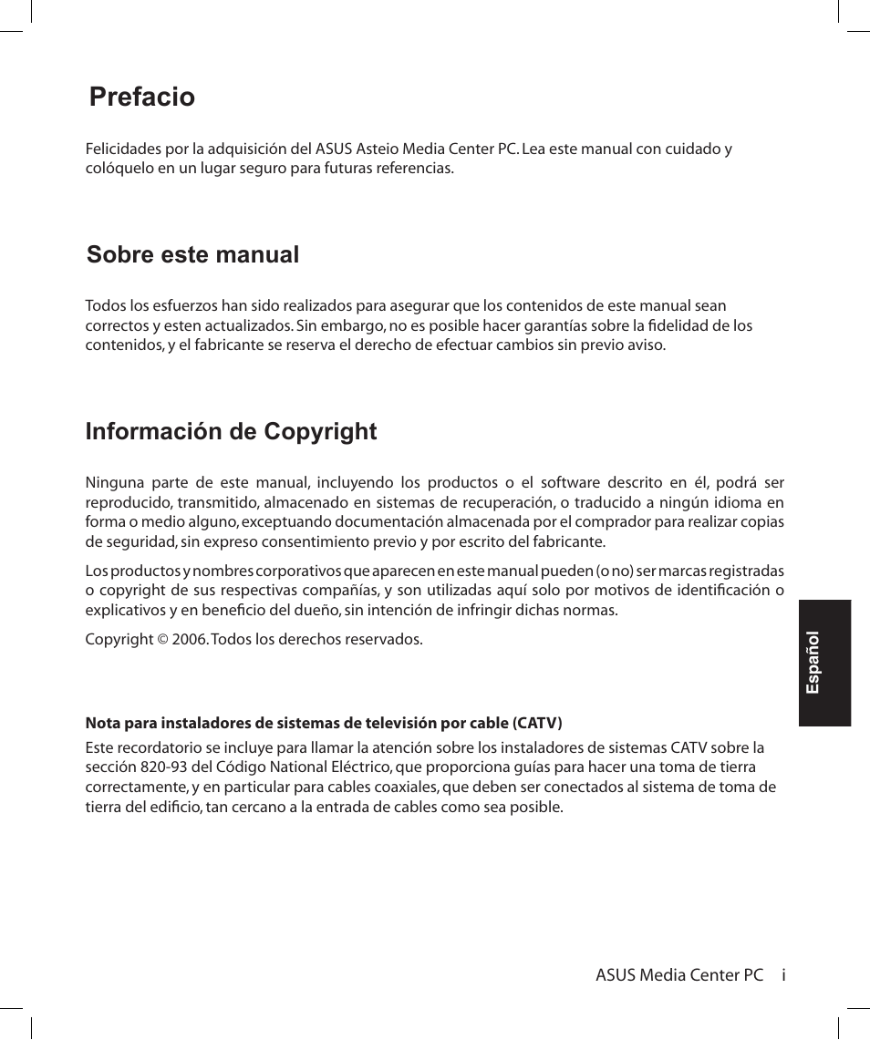 Prefacio, Sobre este manual, Información de copyright | Asus Asteio D22 User Manual | Page 171 / 252