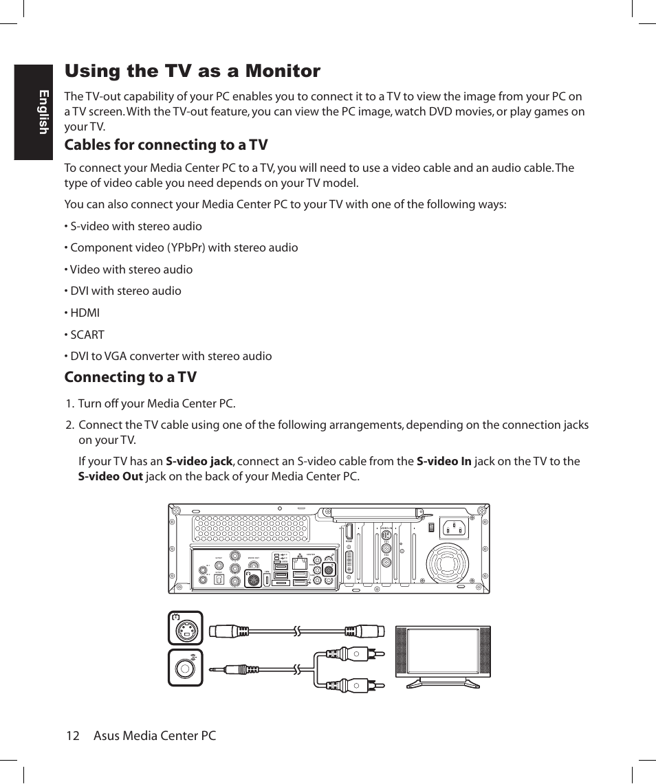 Using the tv as a monitor, Cables for connecting to a tv, Connecting to a tv | 12 asus media center pc, English | Asus Asteio D22 User Manual | Page 18 / 252