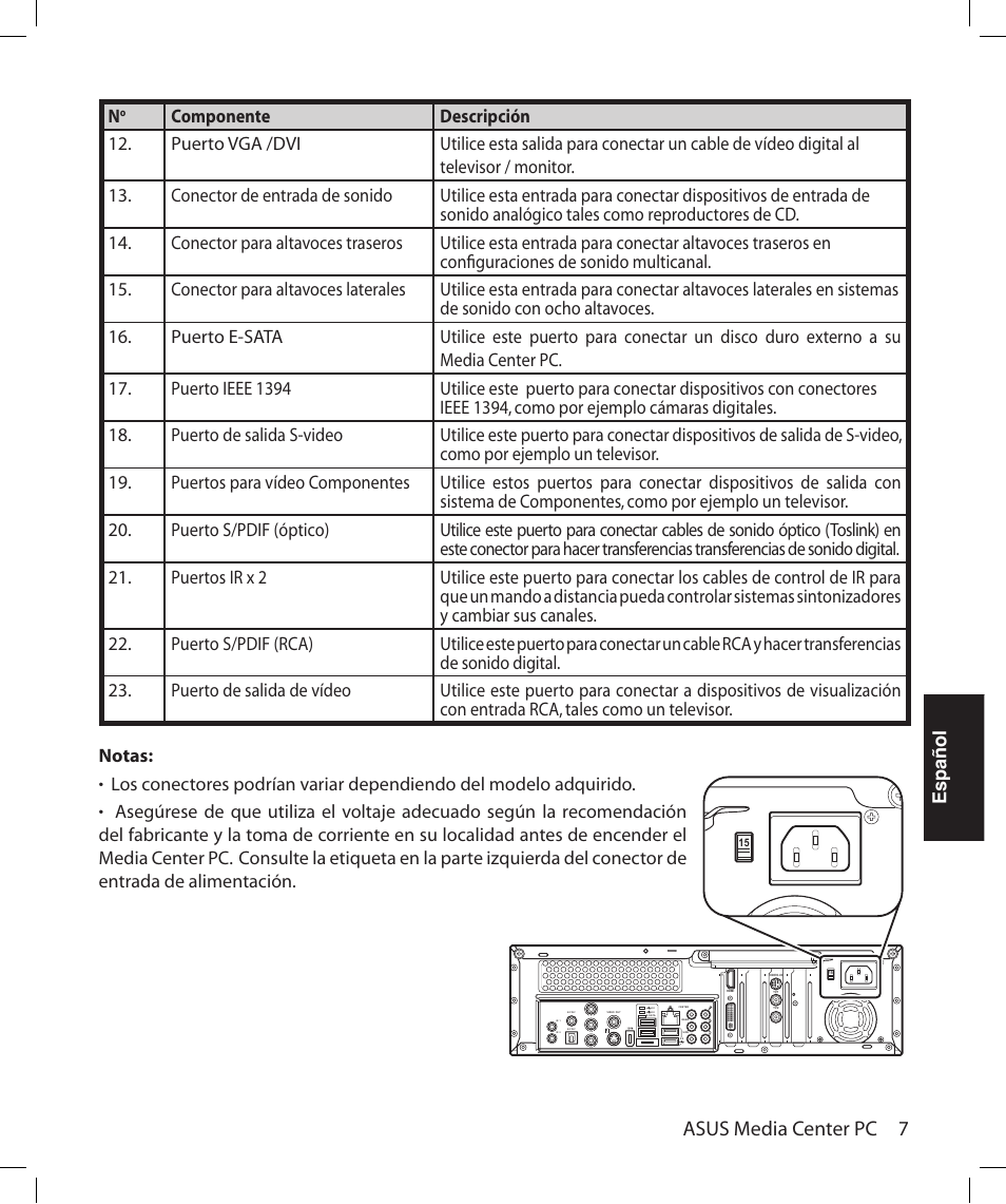 Asus media center pc 7, Español, Notas | Asus Asteio D22 User Manual | Page 181 / 252