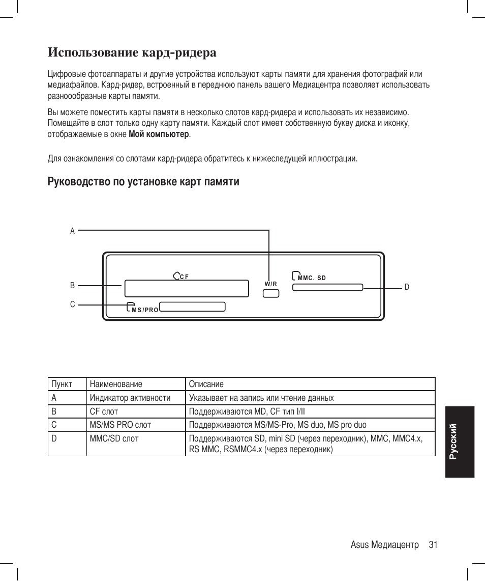 Использование кард-ридера, Руководство по установке карт памяти | Asus Asteio D22 User Manual | Page 247 / 252