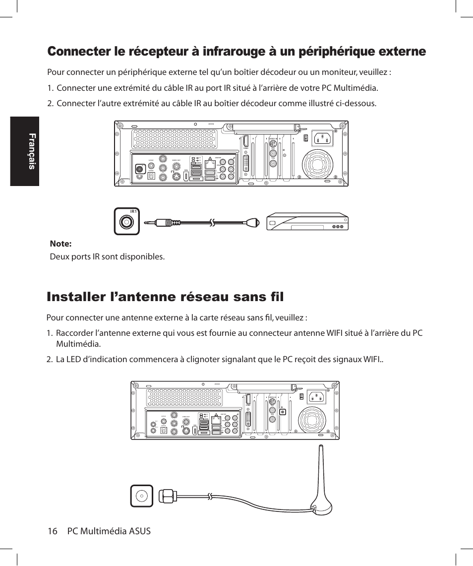 Installer l’antenne réseau sans fil, 16 pc multimédia asus, Français | Asus Asteio D22 User Manual | Page 64 / 252