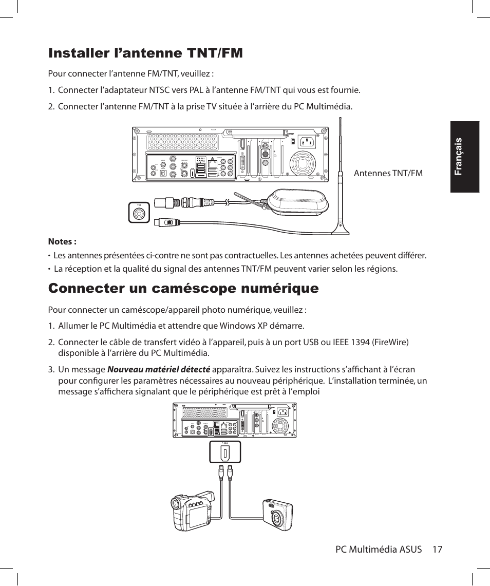 Installer l’antenne tnt/fm, Connecter un caméscope numérique, Pc multimédia asus 17 | Français | Asus Asteio D22 User Manual | Page 65 / 252