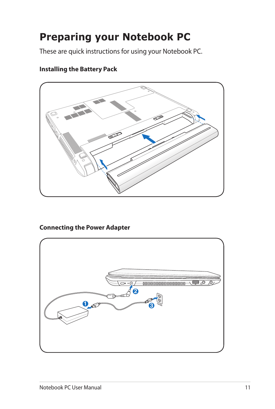 Preparing your notebook pc | Asus U41JF User Manual | Page 11 / 112