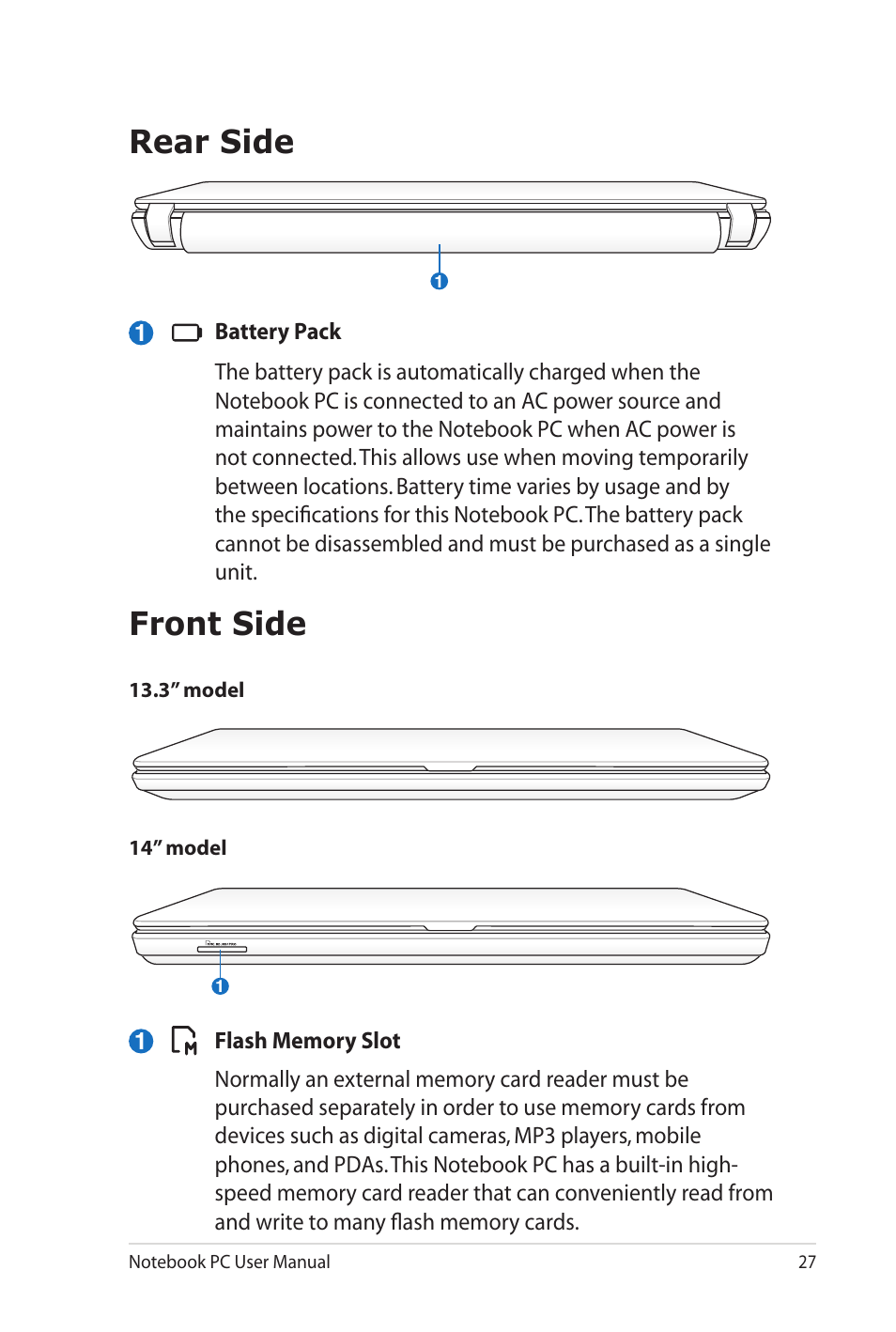 Rear side, Front side, Rear side front side | Asus U41JF User Manual | Page 27 / 112