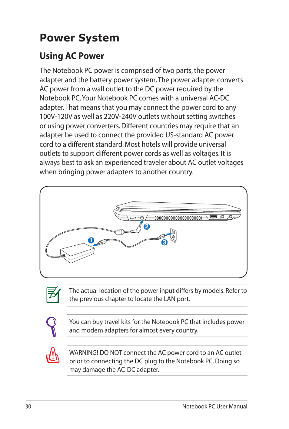 Power system, Using ac power | Asus U41JF User Manual | Page 30 / 112