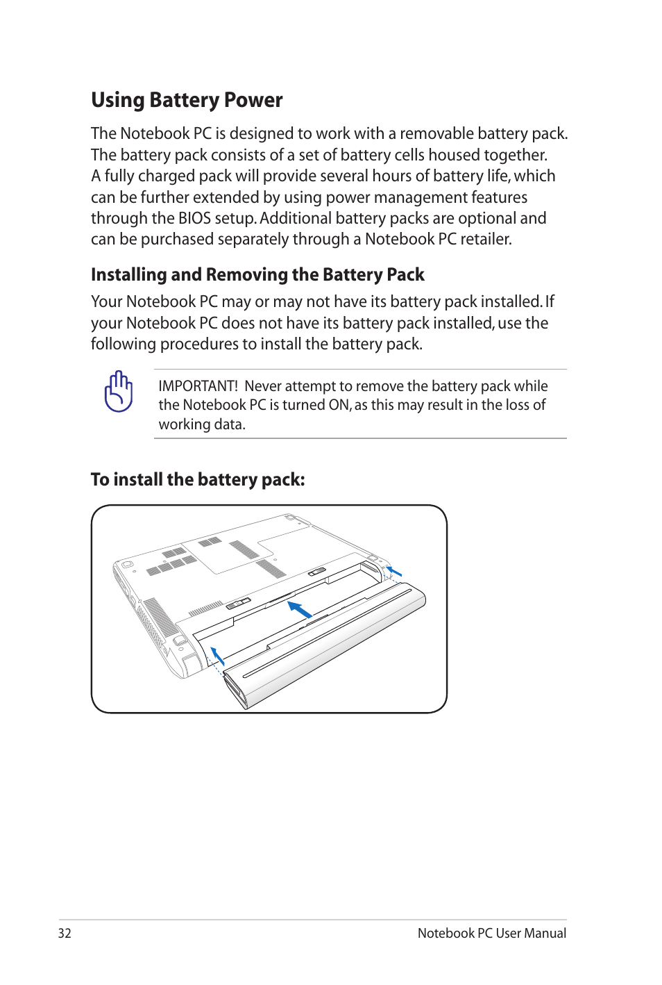 Using battery power, Installing and removing the battery pack | Asus U41JF User Manual | Page 32 / 112