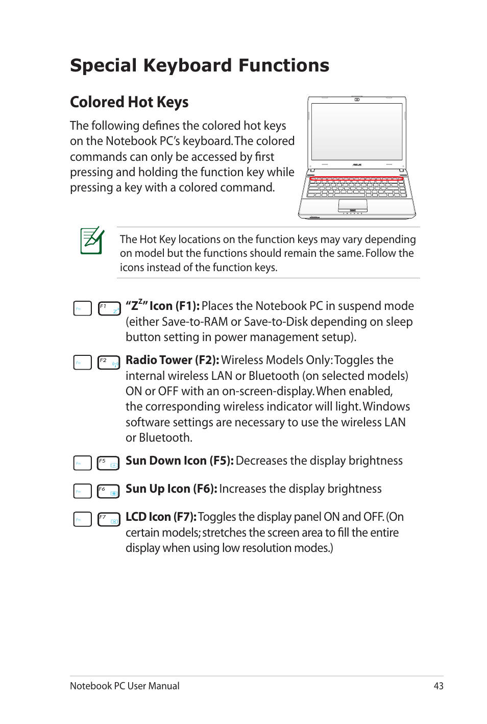 Special keyboard functions, Colored hot keys | Asus U41JF User Manual | Page 43 / 112