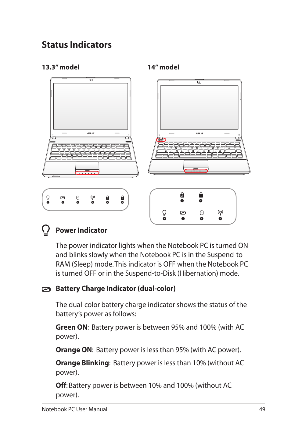 Status indicators | Asus U41JF User Manual | Page 49 / 112