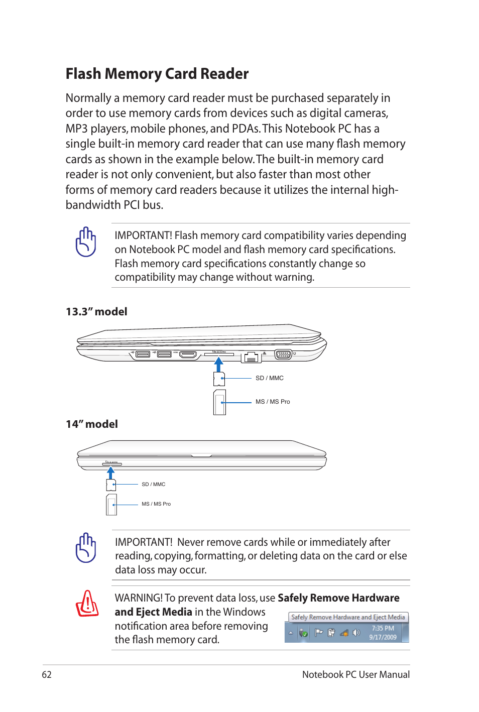 Flash memory card reader | Asus U41JF User Manual | Page 62 / 112
