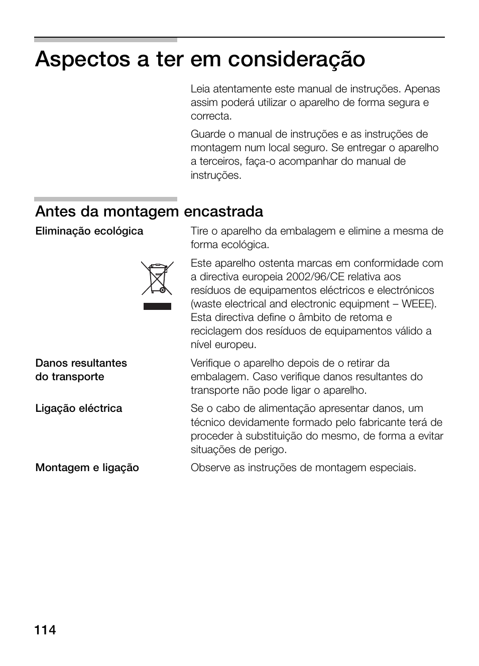 Aspectos a ter em consideração, Antes da montagem encastrada | Neff N34K30N0 User Manual | Page 114 / 128