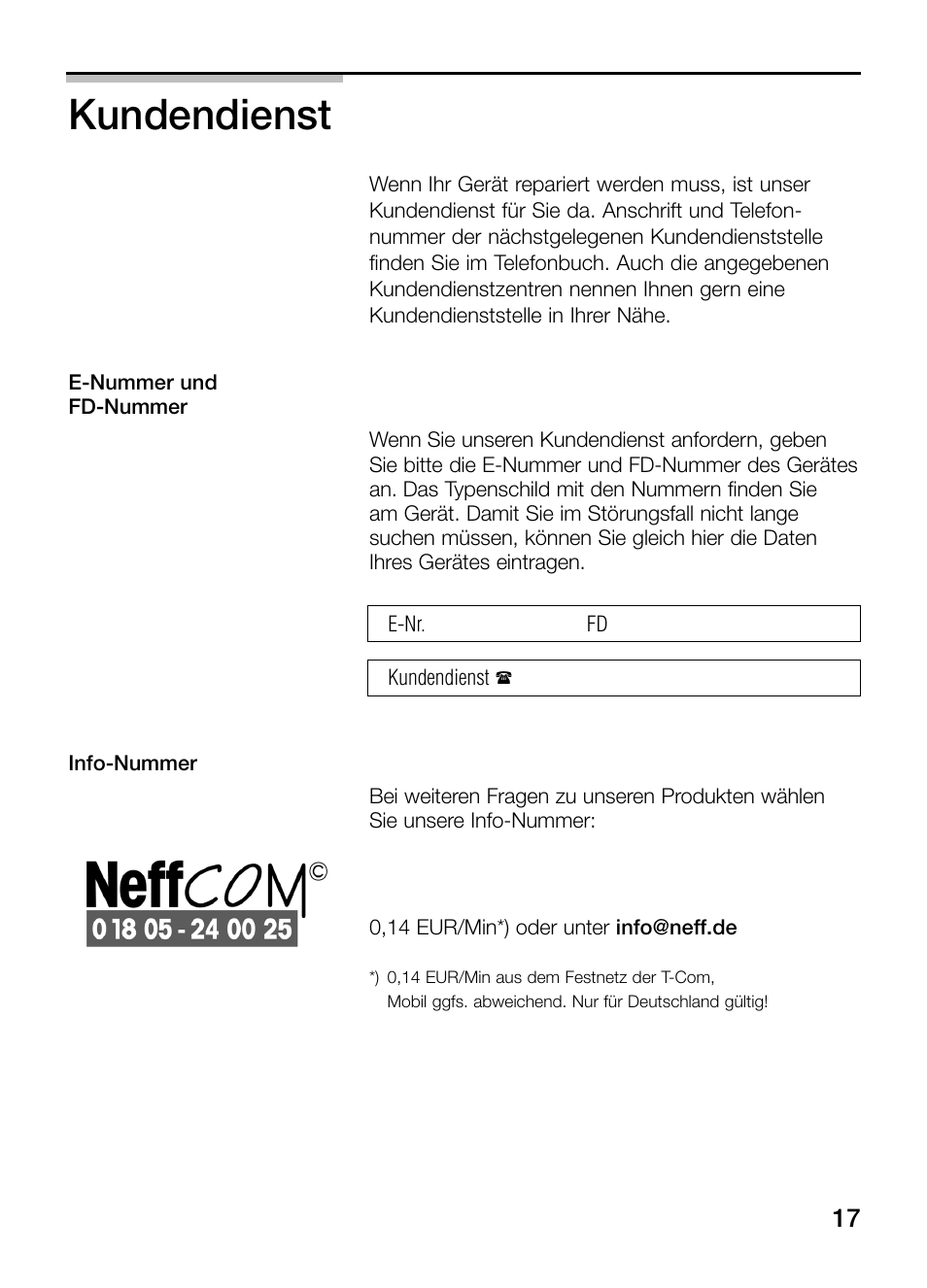 Kundendienst | Neff N34K30N0 User Manual | Page 17 / 128