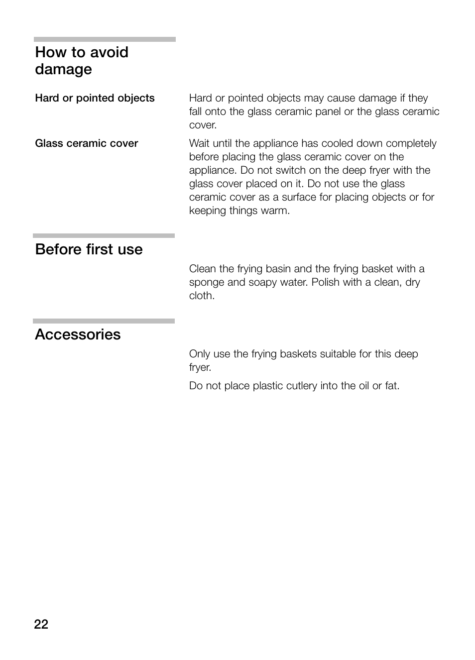 How to avoid damage, Before first use, Accessories | Neff N34K30N0 User Manual | Page 22 / 128