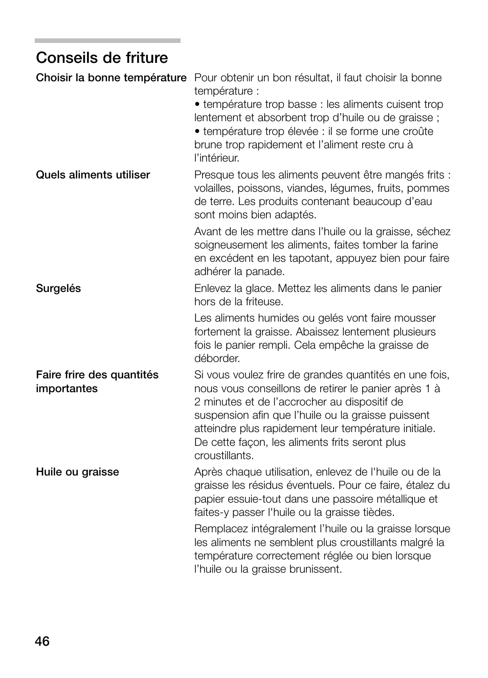 Conseils de friture | Neff N34K30N0 User Manual | Page 46 / 128