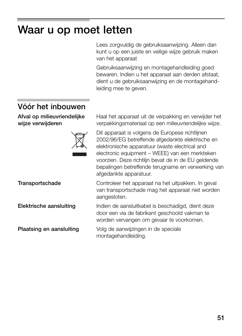 Waar u op moet letten, Vóór het inbouwen | Neff N34K30N0 User Manual | Page 51 / 128