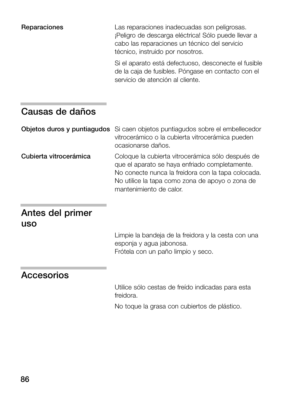 Causas de daños, Antes del primer uso, Accesorios | Neff N34K30N0 User Manual | Page 86 / 128