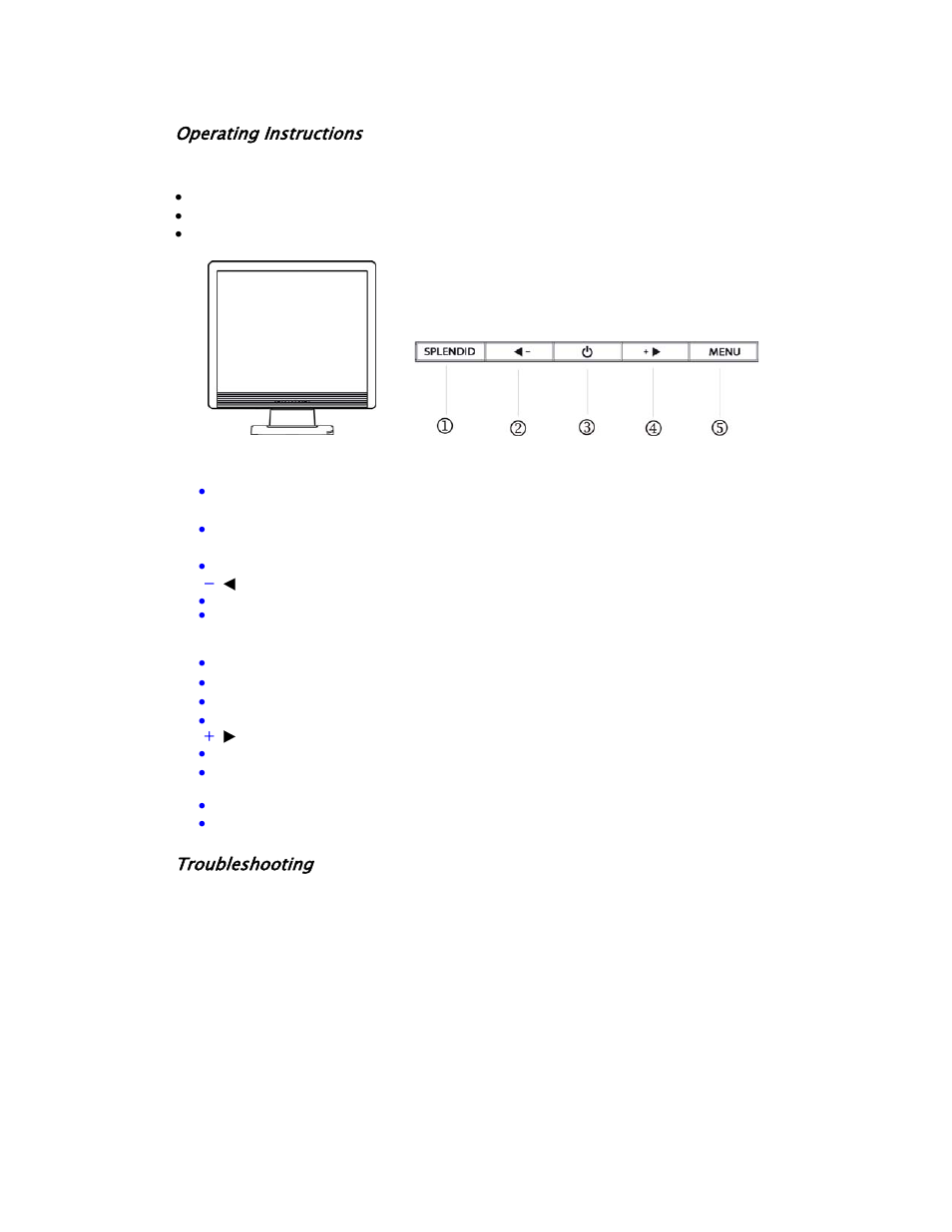 Operating instructions, Troubleshooting, No power - the monitor's power indicator is off | Blurry/fuzzy picture, Too dark/ light picture, No sound or sound is low (mm17t only) | Asus MM17T User Manual | Page 2 / 2