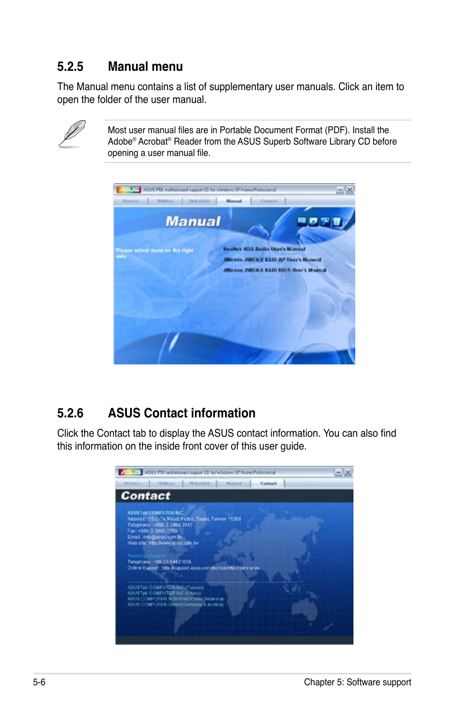 5 manual menu, 6 asus contact information | Asus P5K User Manual | Page 112 / 150