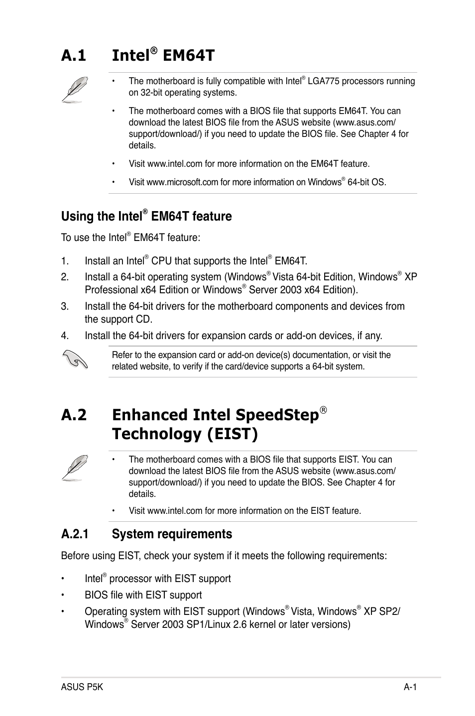 A.1 intel, Em64t, A.2 enhanced intel speedstep | Technology (eist), Using the intel, Em64t feature, A.2.1 system requirements | Asus P5K User Manual | Page 147 / 150