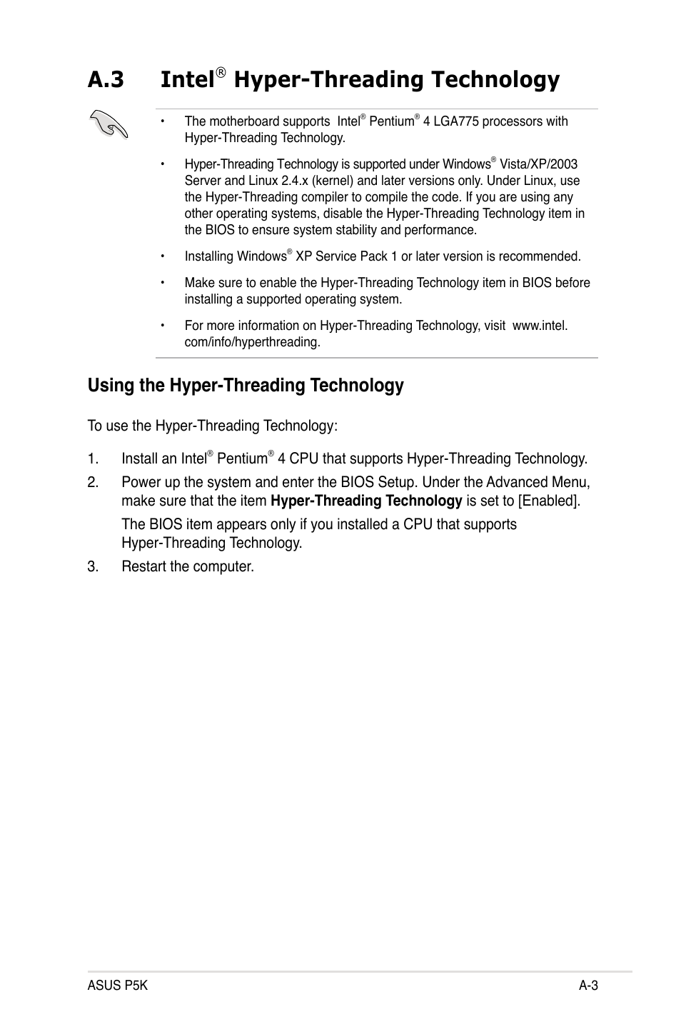 A.3 intel, Hyper-threading technology, Using the hyper-threading technology | Asus P5K User Manual | Page 149 / 150