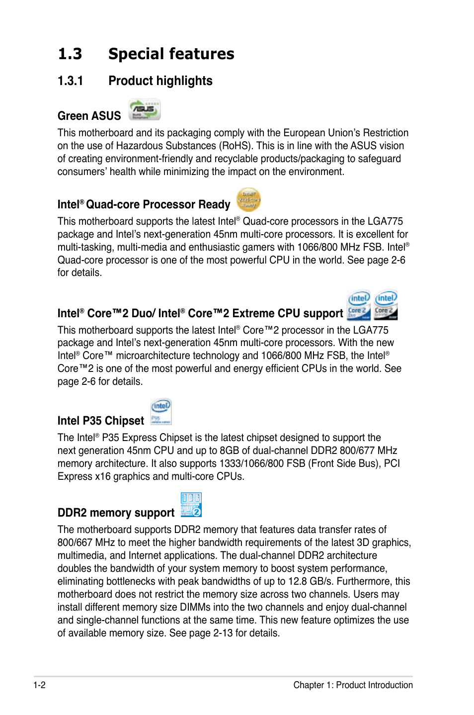 3 special features, 1 product highlights | Asus P5K User Manual | Page 18 / 150