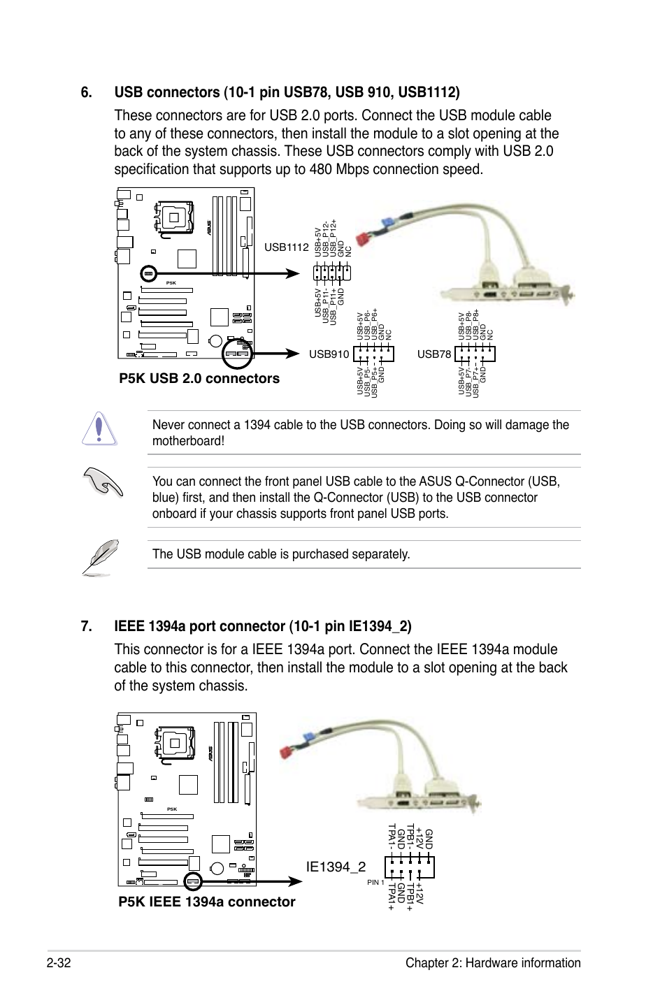 32 chapter 2: hardware information, P5k usb 2.0 connectors | Asus P5K User Manual | Page 56 / 150