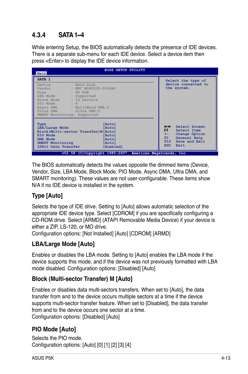 4 sata 1~4, Type [auto, Lba/large mode [auto | Block (multi-sector transfer) m [auto, Pio mode [auto | Asus P5K User Manual | Page 81 / 150