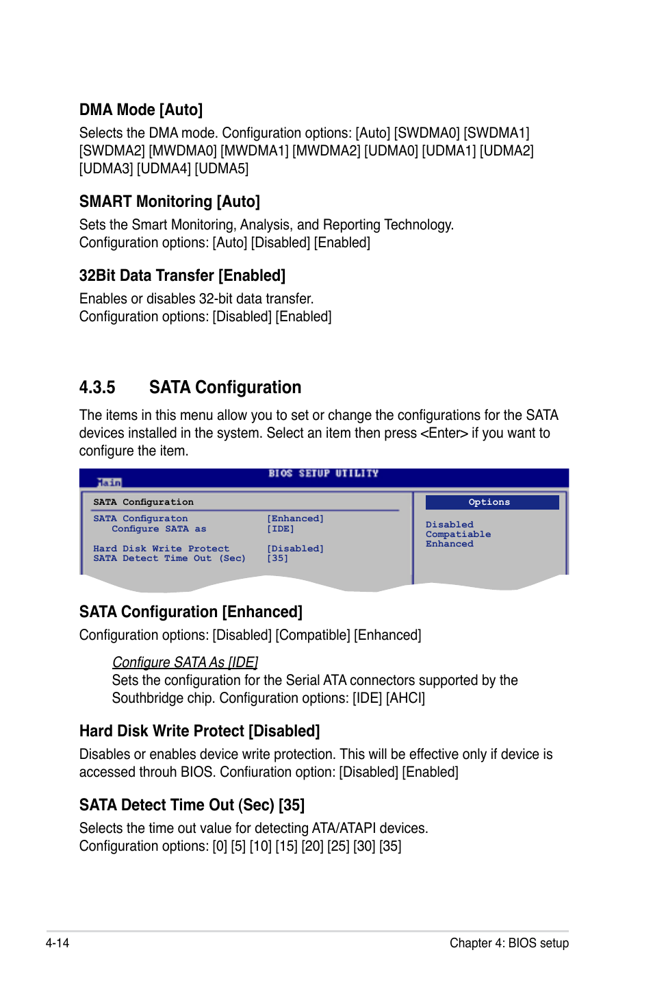 5 sata configuration, Dma mode [auto, Smart monitoring [auto | 32bit data transfer [enabled, Sata configuration [enhanced, Hard disk write protect [disabled, Sata detect time out (sec) [35 | Asus P5K User Manual | Page 82 / 150