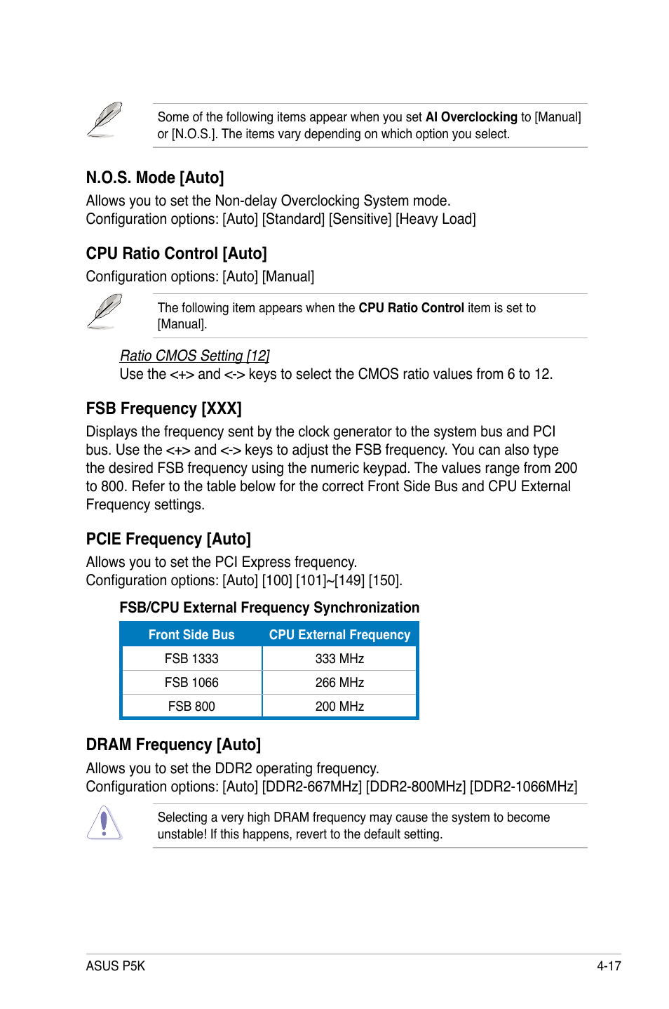 N.o.s. mode [auto, Cpu ratio control [auto, Fsb frequency [xxx | Pcie frequency [auto, Dram frequency [auto | Asus P5K User Manual | Page 85 / 150