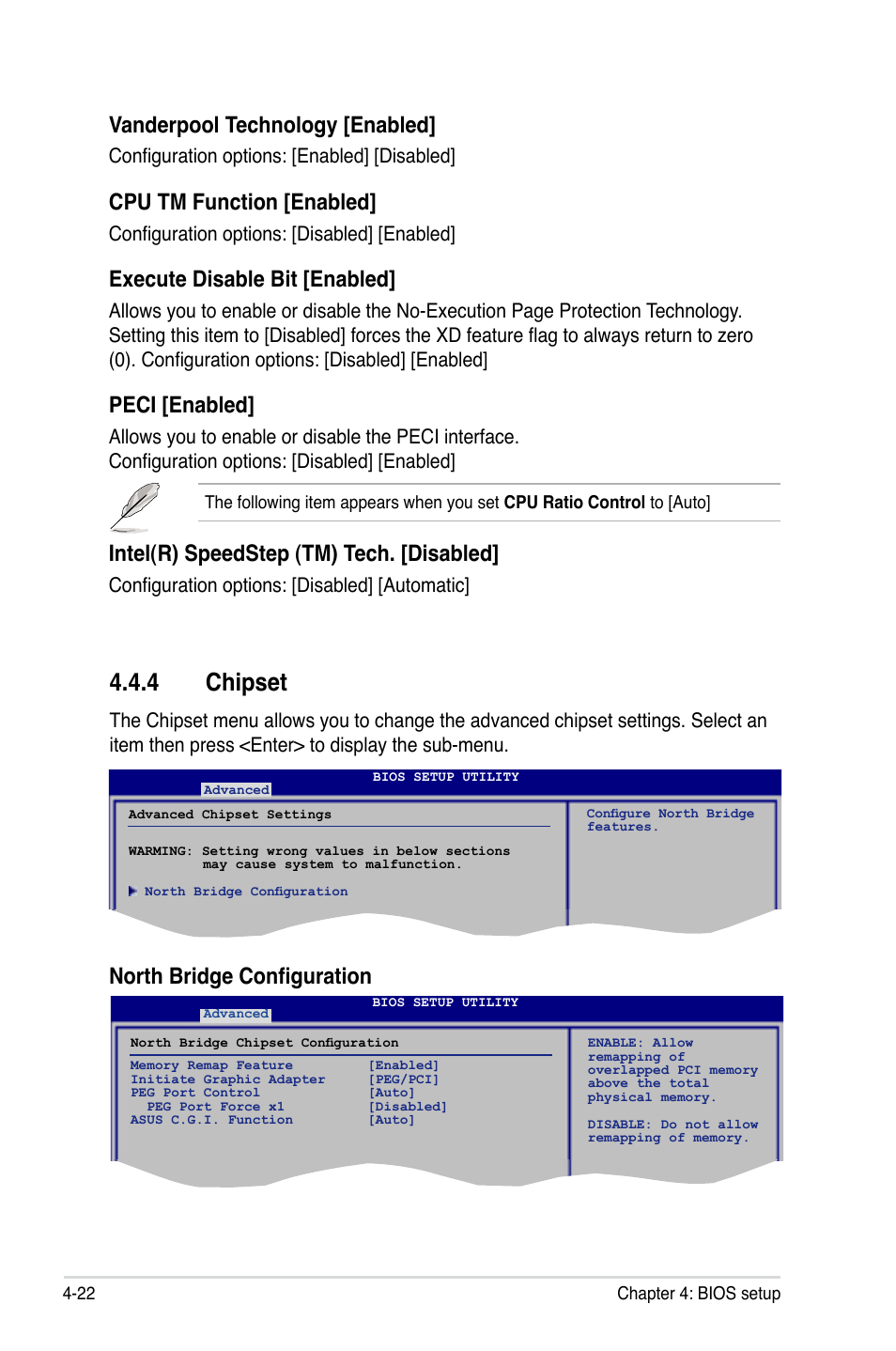 4 chipset, Vanderpool technology [enabled, Cpu tm function [enabled | Execute disable bit [enabled, Peci [enabled, Intel(r) speedstep (tm) tech. [disabled, North bridge configuration, Configuration options: [enabled] [disabled, Configuration options: [disabled] [enabled, Configuration options: [disabled] [automatic | Asus P5K User Manual | Page 90 / 150