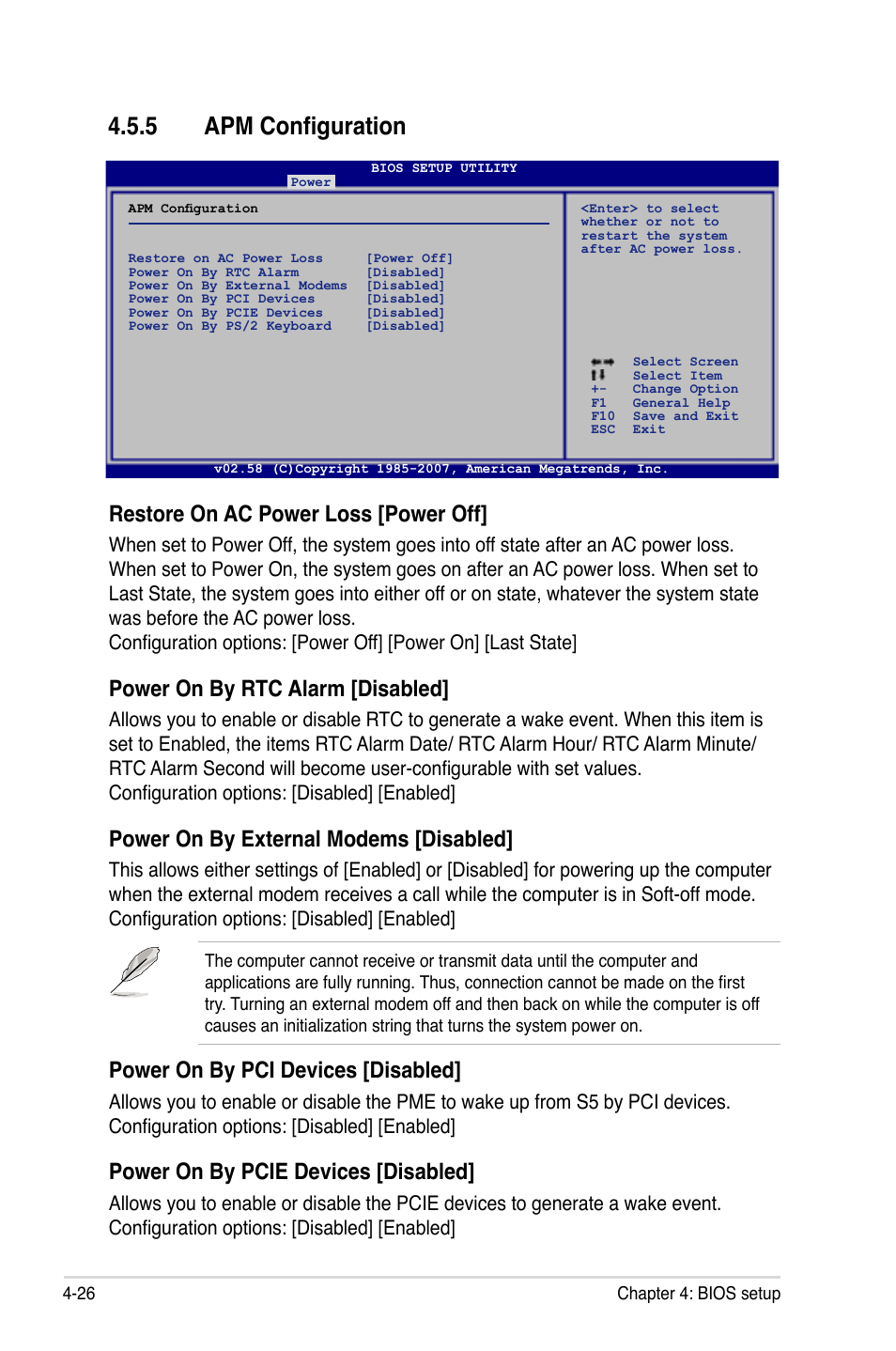 5 apm configuration, Restore on ac power loss [power off, Power on by rtc alarm [disabled | Power on by external modems [disabled, Power on by pci devices [disabled, Power on by pcie devices [disabled | Asus P5K User Manual | Page 94 / 150