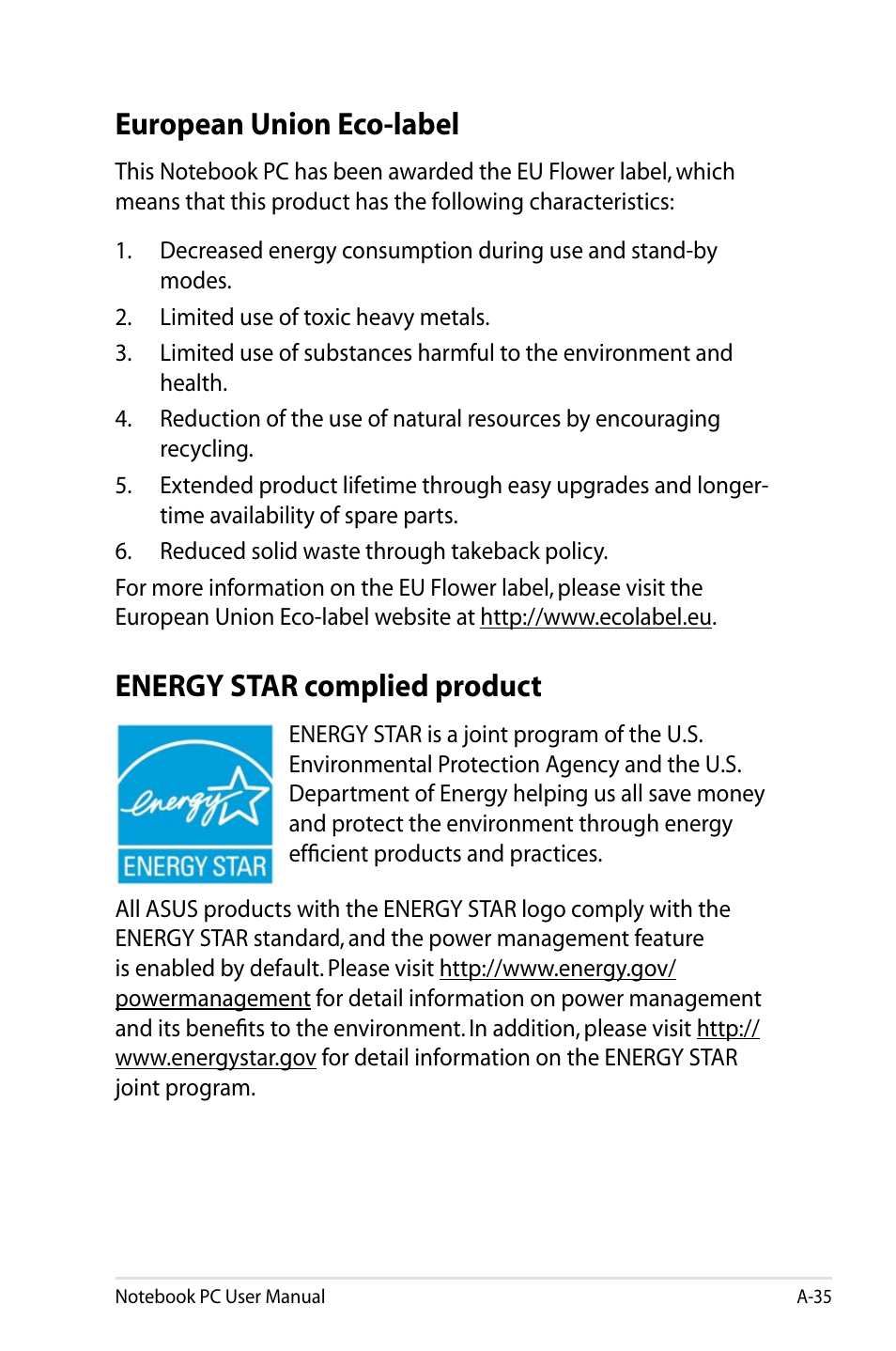 European union eco-label, Energy star complied product | Asus X73BR User Manual | Page 109 / 112