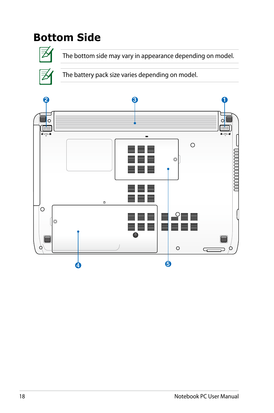Bottom side | Asus X73BR User Manual | Page 18 / 112
