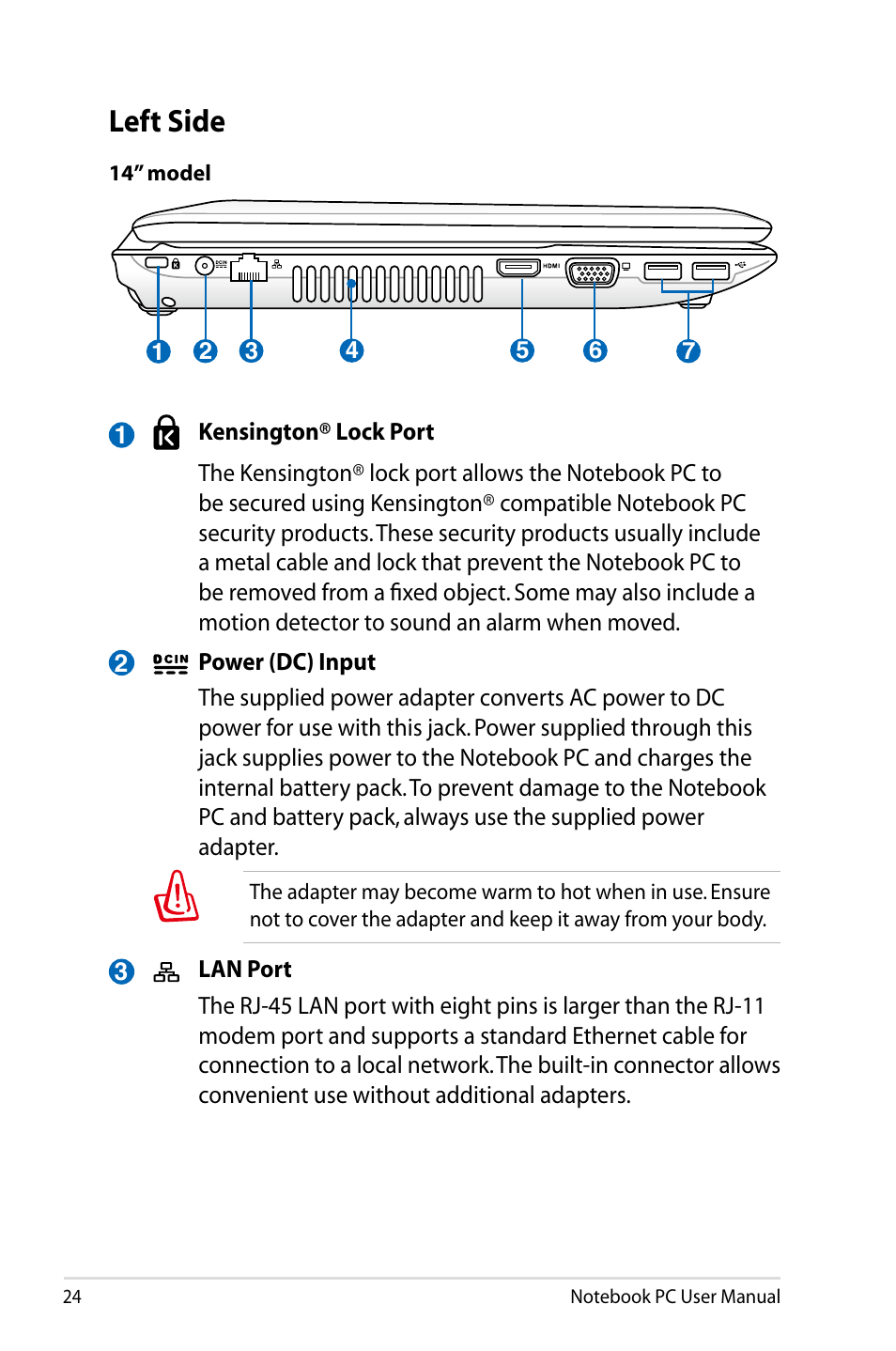Left side | Asus X73BR User Manual | Page 24 / 112