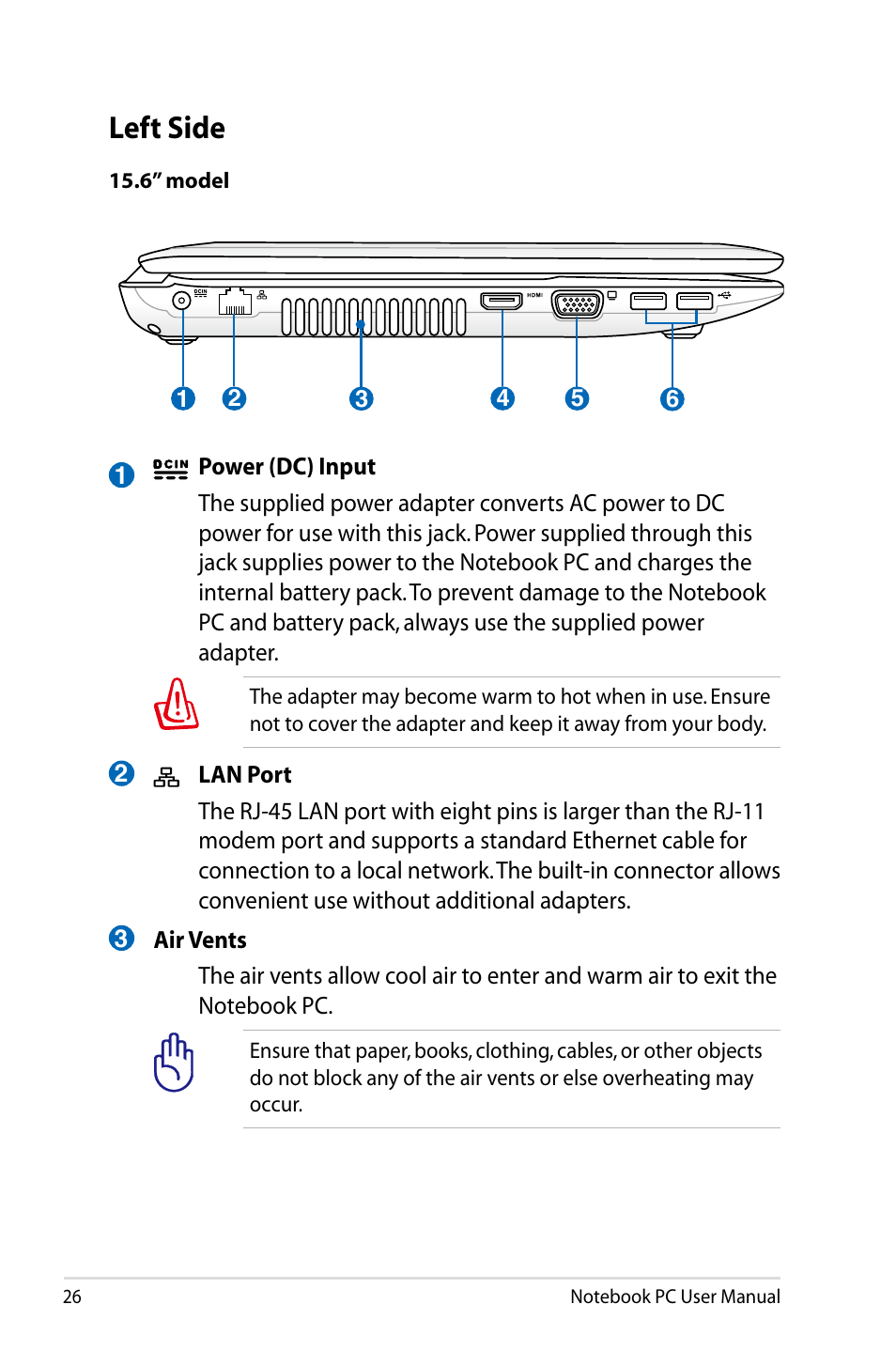 Left side | Asus X73BR User Manual | Page 26 / 112