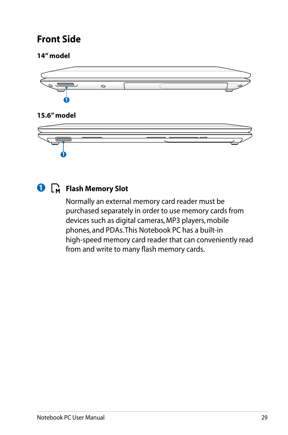 Front side | Asus X73BR User Manual | Page 29 / 112