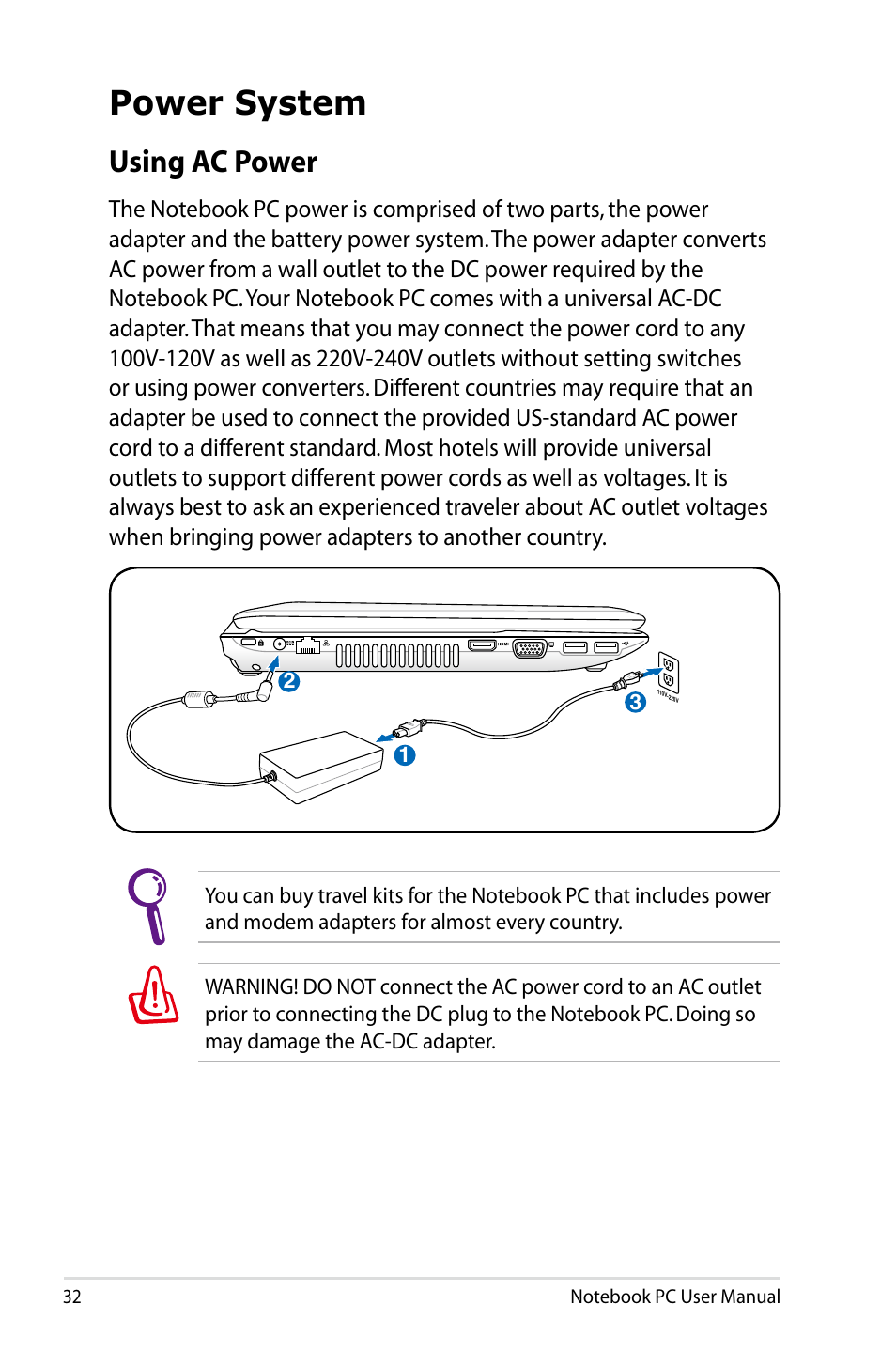 Power system, Using ac power | Asus X73BR User Manual | Page 32 / 112