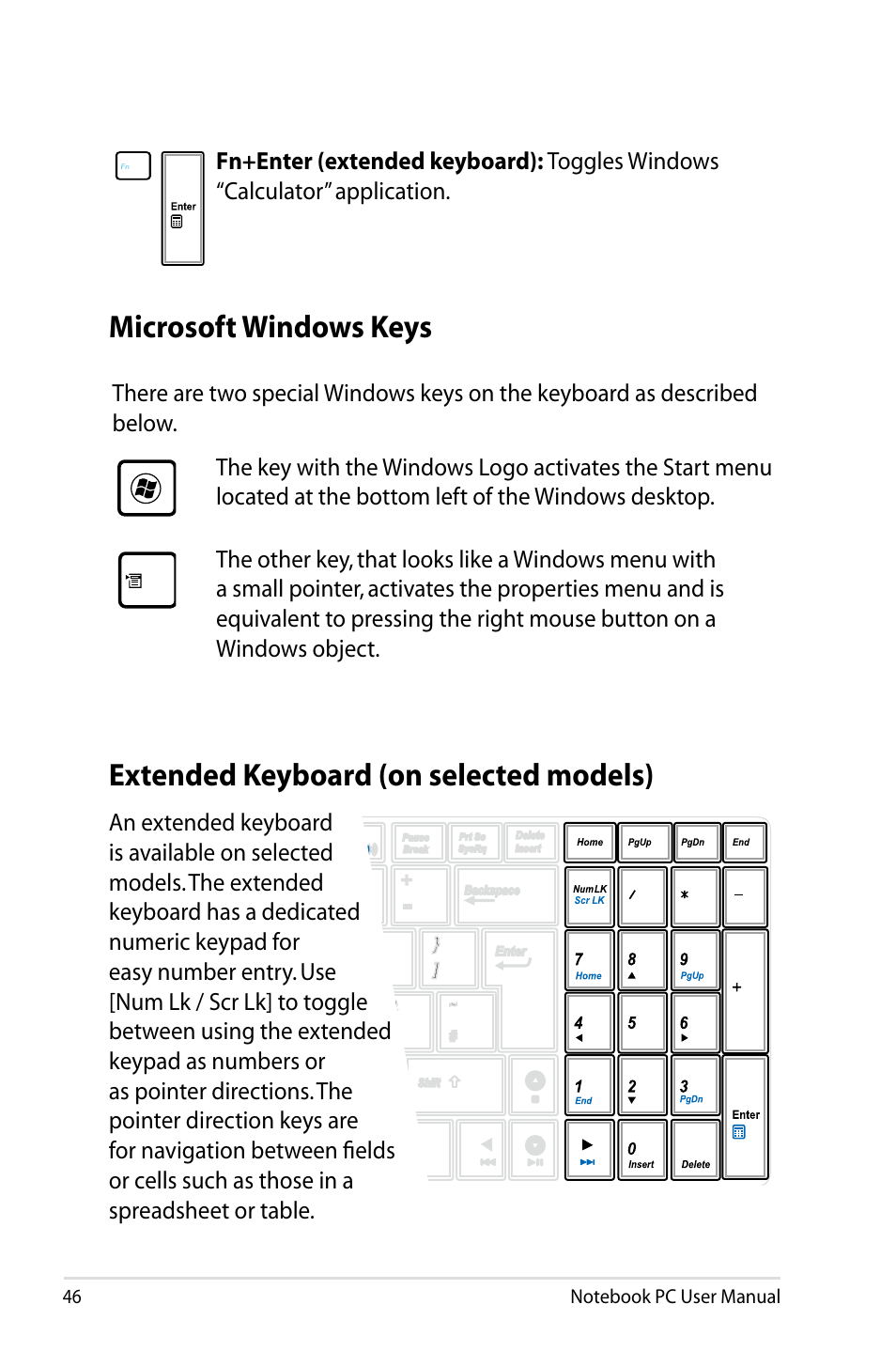 Microsoft windows keys, Extended keyboard (on selected models) | Asus X73BR User Manual | Page 46 / 112