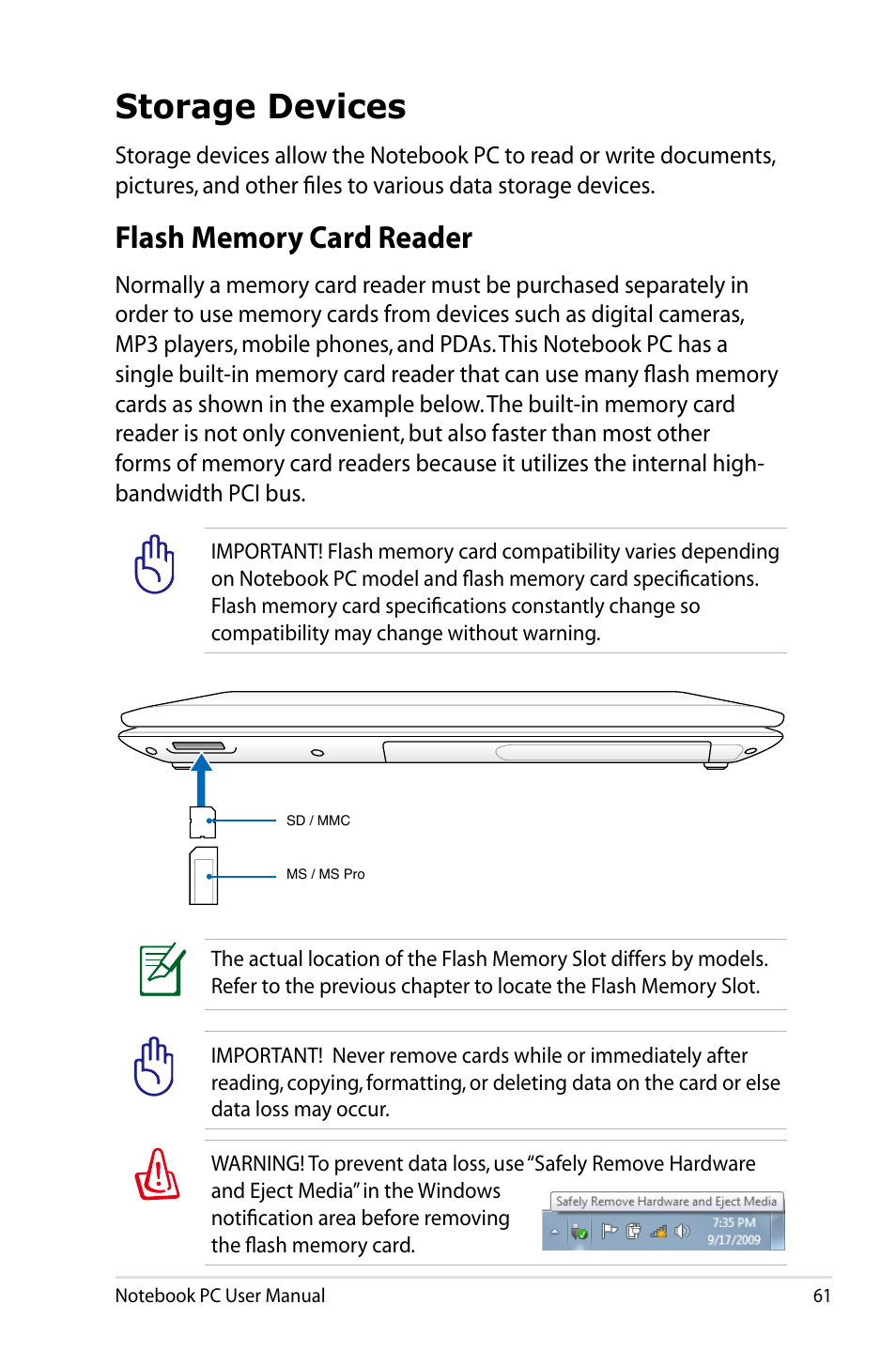 Storage devices, Flash memory card reader | Asus X73BR User Manual | Page 61 / 112