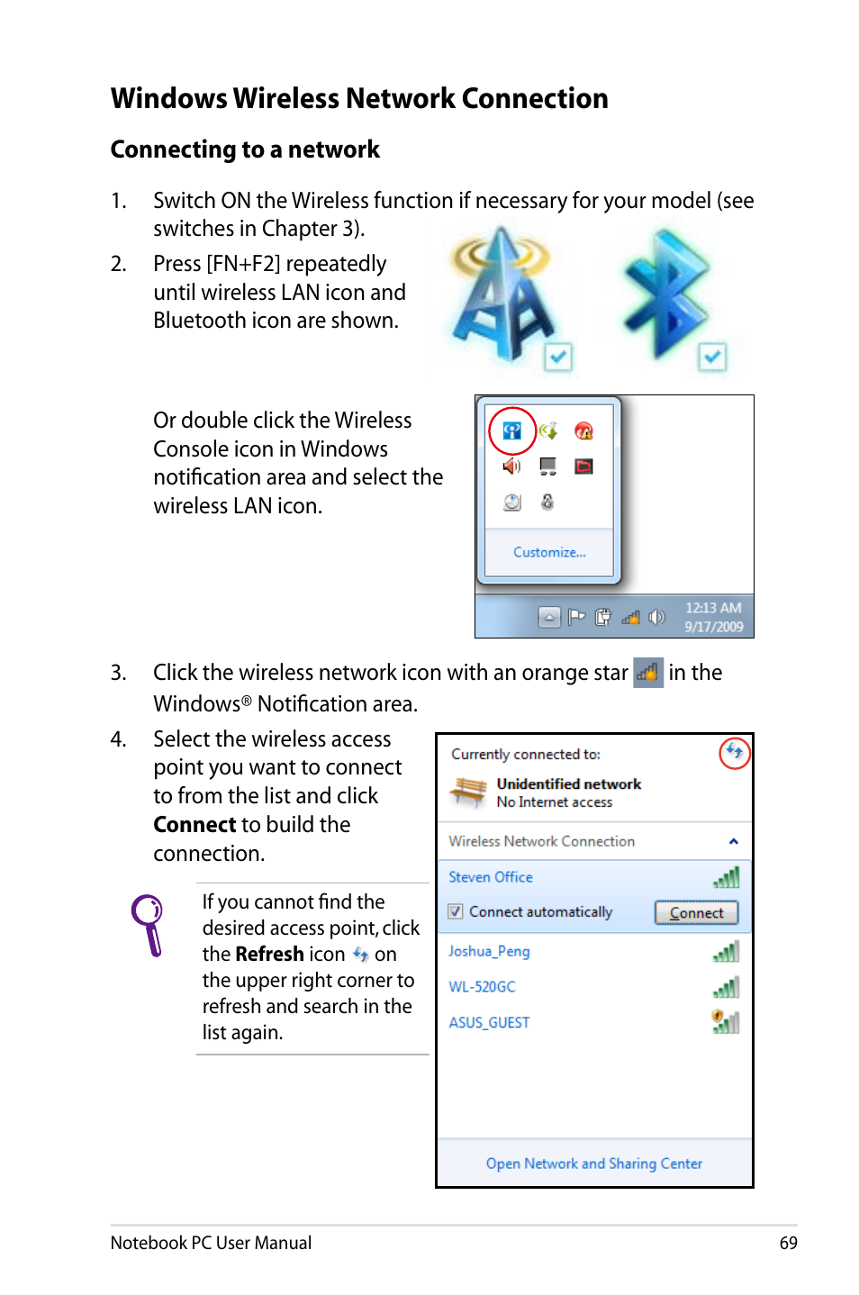 Windows wireless network connection | Asus X73BR User Manual | Page 69 / 112