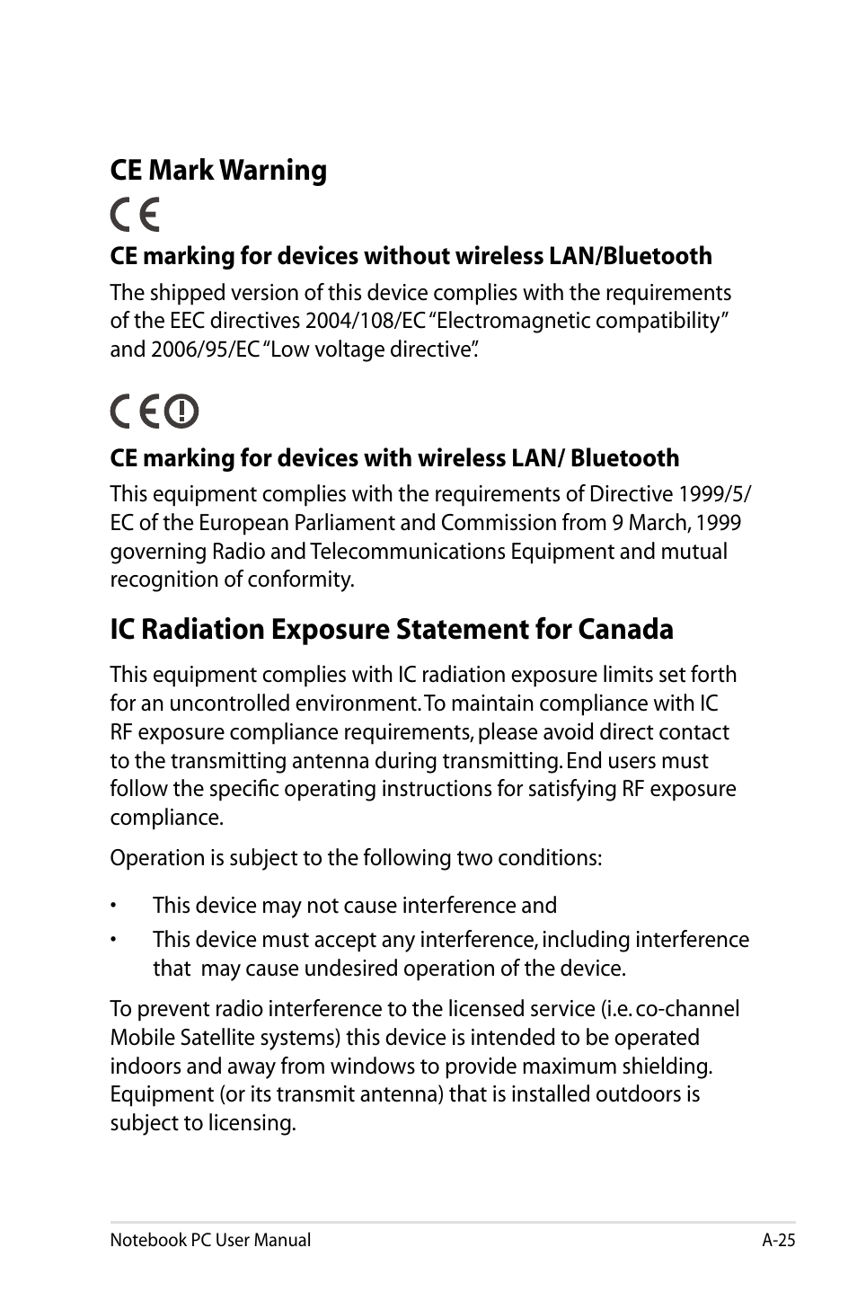 Ce mark warning, Ic radiation exposure statement for canada | Asus X73BR User Manual | Page 99 / 112
