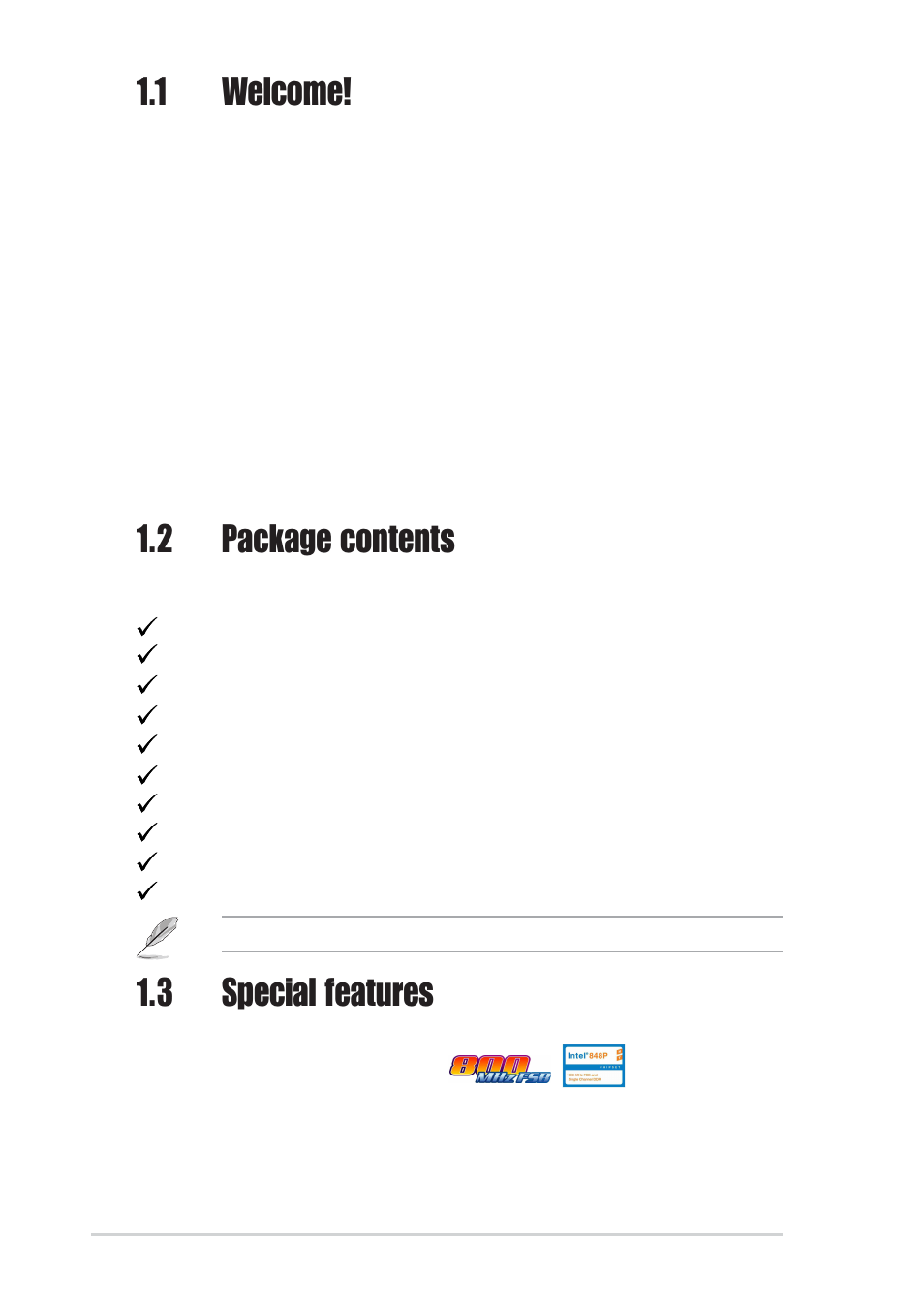 1 welcome, 2 package contents, 3 special features | Asus P4P800S User Manual | Page 12 / 82