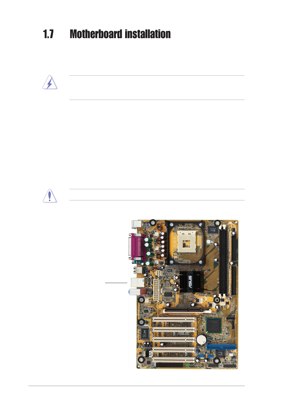 7 motherboard installation, 1 placement direction, 2 screw holes | Asus P4P800S User Manual | Page 20 / 82