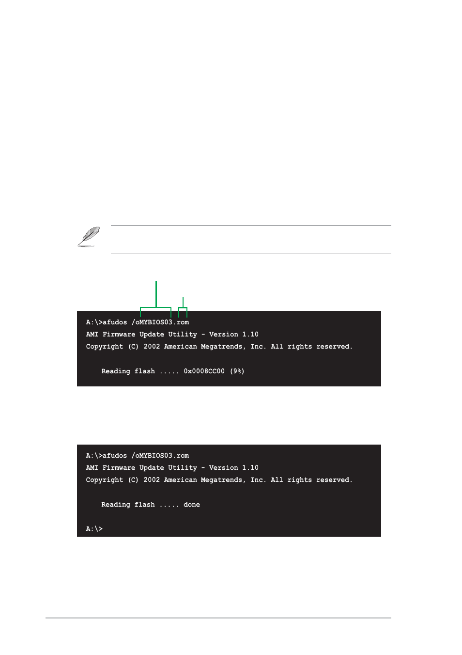 3 using afudos to copy bios from pc, 4 chapter 2: bios information | Asus P4P800S User Manual | Page 42 / 82