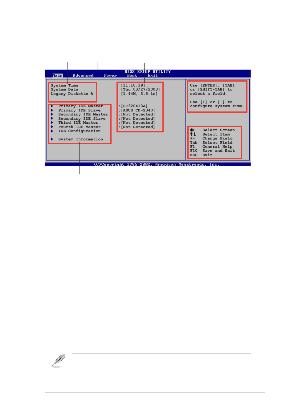 2 menu bar, 1 bios menu screen, 3 navigation keys | Asus P4P800S User Manual | Page 47 / 82