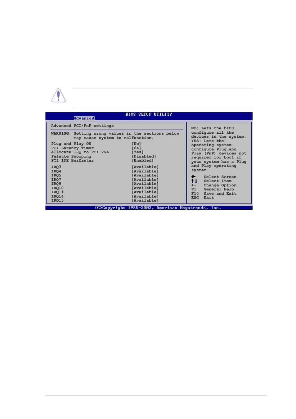 5 pci pnp, Plug and play o/s [no, Pci latency timer [64 | Allocate irq to pci vga [yes, Palette snooping [disabled | Asus P4P800S User Manual | Page 61 / 82