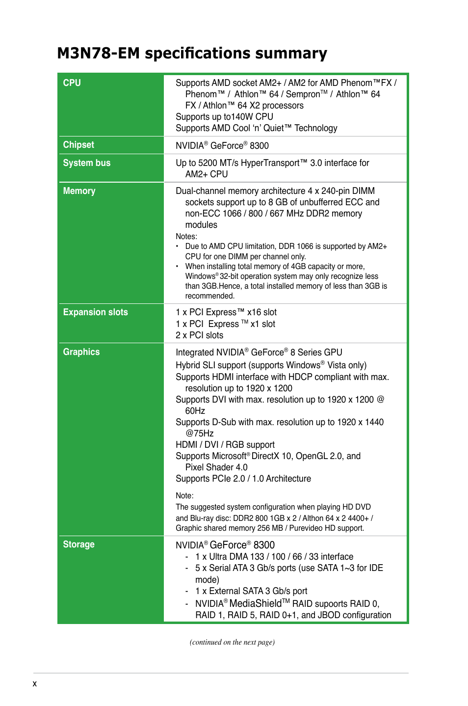 M3n78-em specifications summary | Asus M3N78-EM User Manual | Page 10 / 114