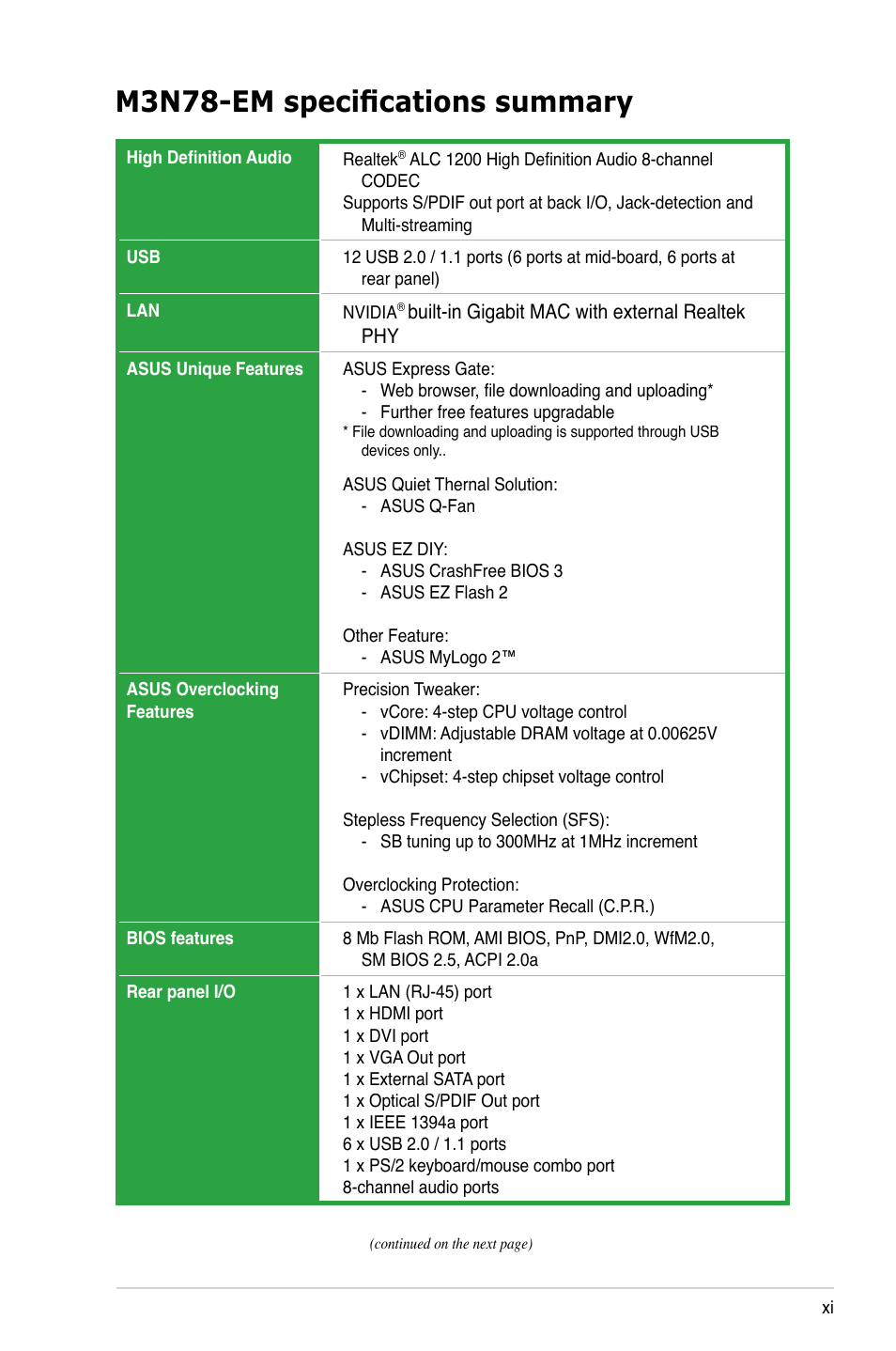 M3n78-em specifications summary | Asus M3N78-EM User Manual | Page 11 / 114